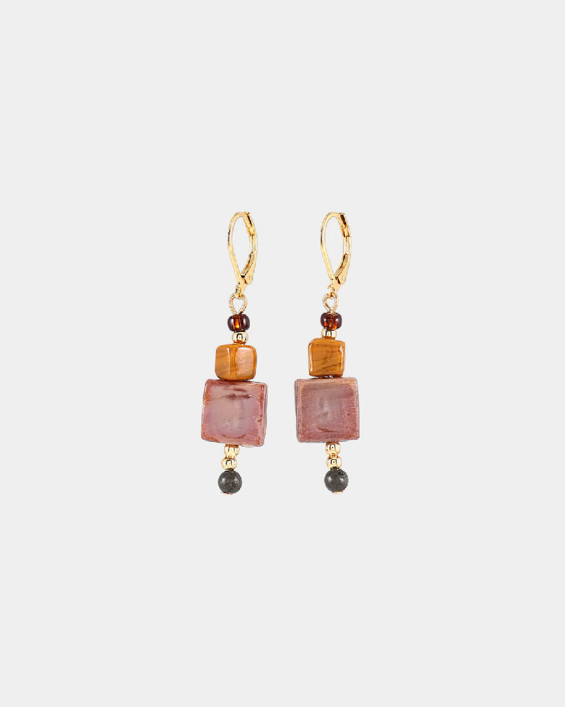 Boucles d'oreilles pendantes acier inoxydable doré, verre coloré - FORAMEN-MOKAMO - Anne-marie Chagnon