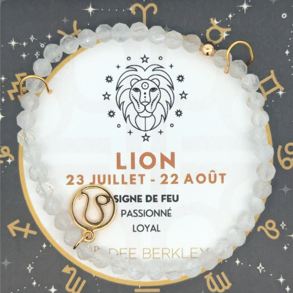 Bracelet zodiaque Lion, métal avec finition en or, pierres de lune