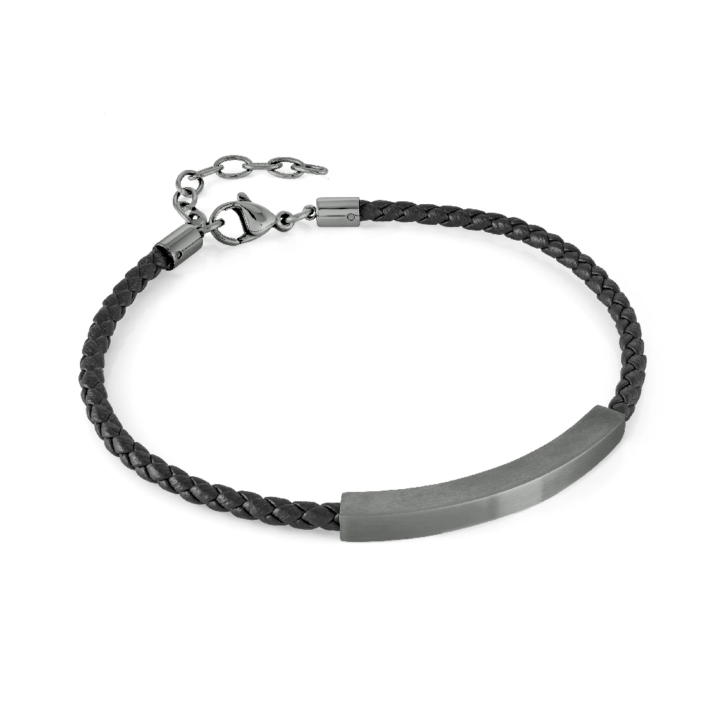 Bracelet d'identifé, cuir noir tressé, acier inoxydable noir - SLB614 - Italgem Steel