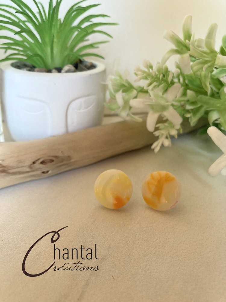 Boucles d'oreilles fixes Orlane jaune, argile polymère, acier inoxydable - 25-BO-5 - Création Chantal