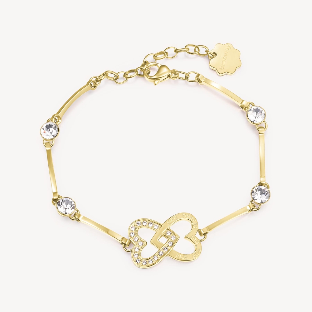 Bracelet coeurs entrecroisés, acier inoxydable doré, cristaux incolores - BHKB048EN - Brosway Italia