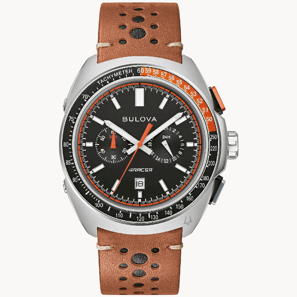 Montre Racer, cuir brun, acier 3 tons (blanc/noir/orange), fond noir - 98B427 - Bulova