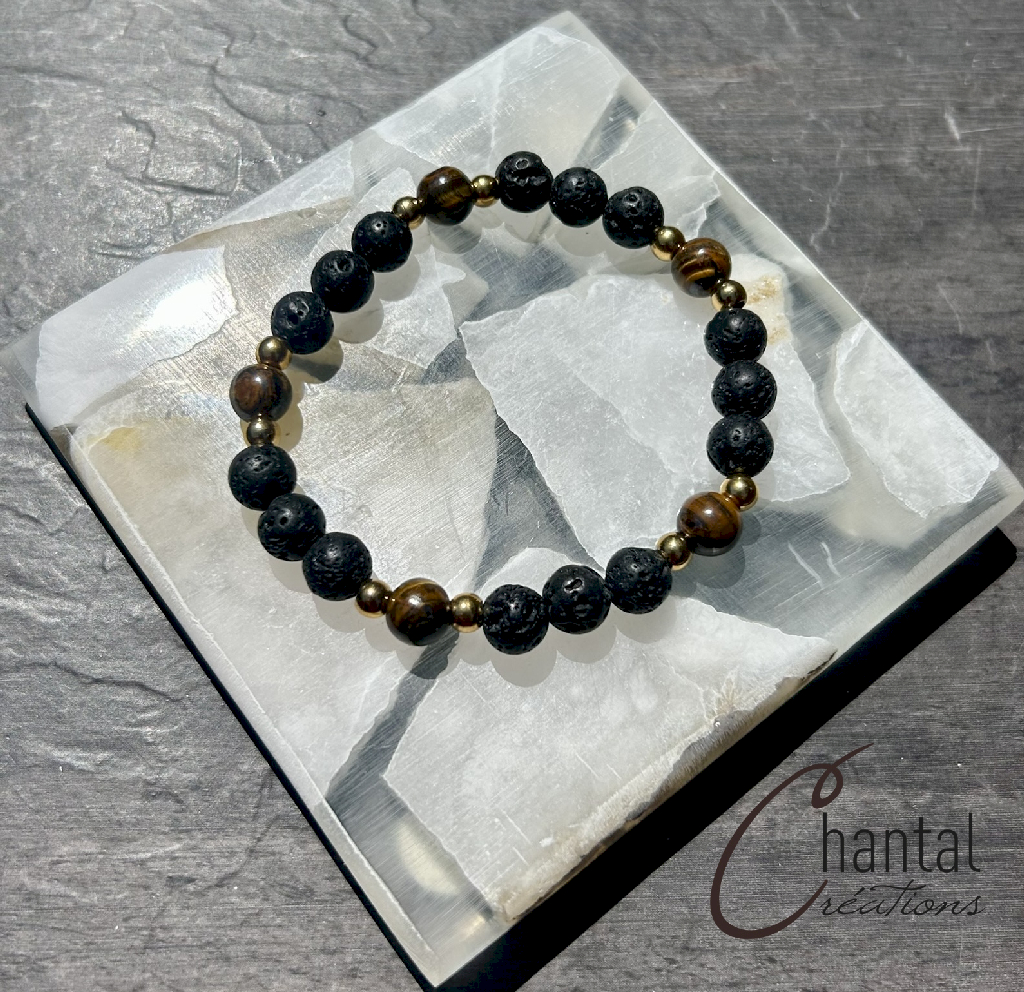 Bracelet extensible Nicolas doré, pierre de lave, oeil-de-tigre marron, acier inoxydable doré