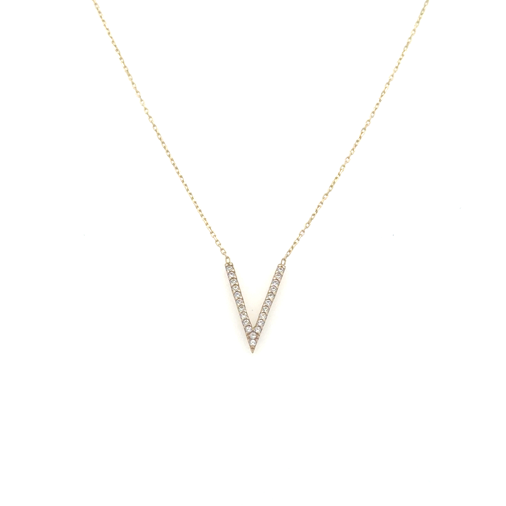 Collier en V, or jaune 10 carats, zircons incolores