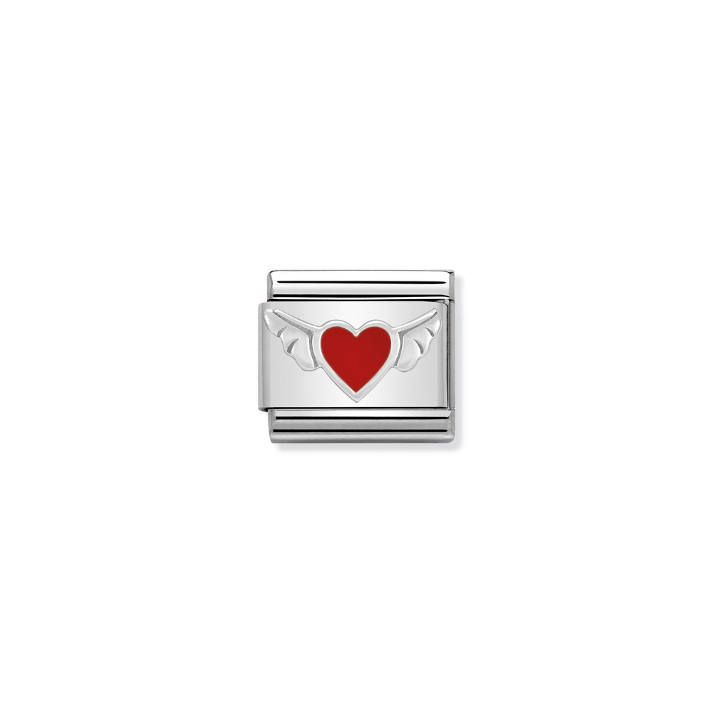 Maille classique coeur ailé, acier inoxydable, argent, émail rouge - 33020201 - NOMINATION