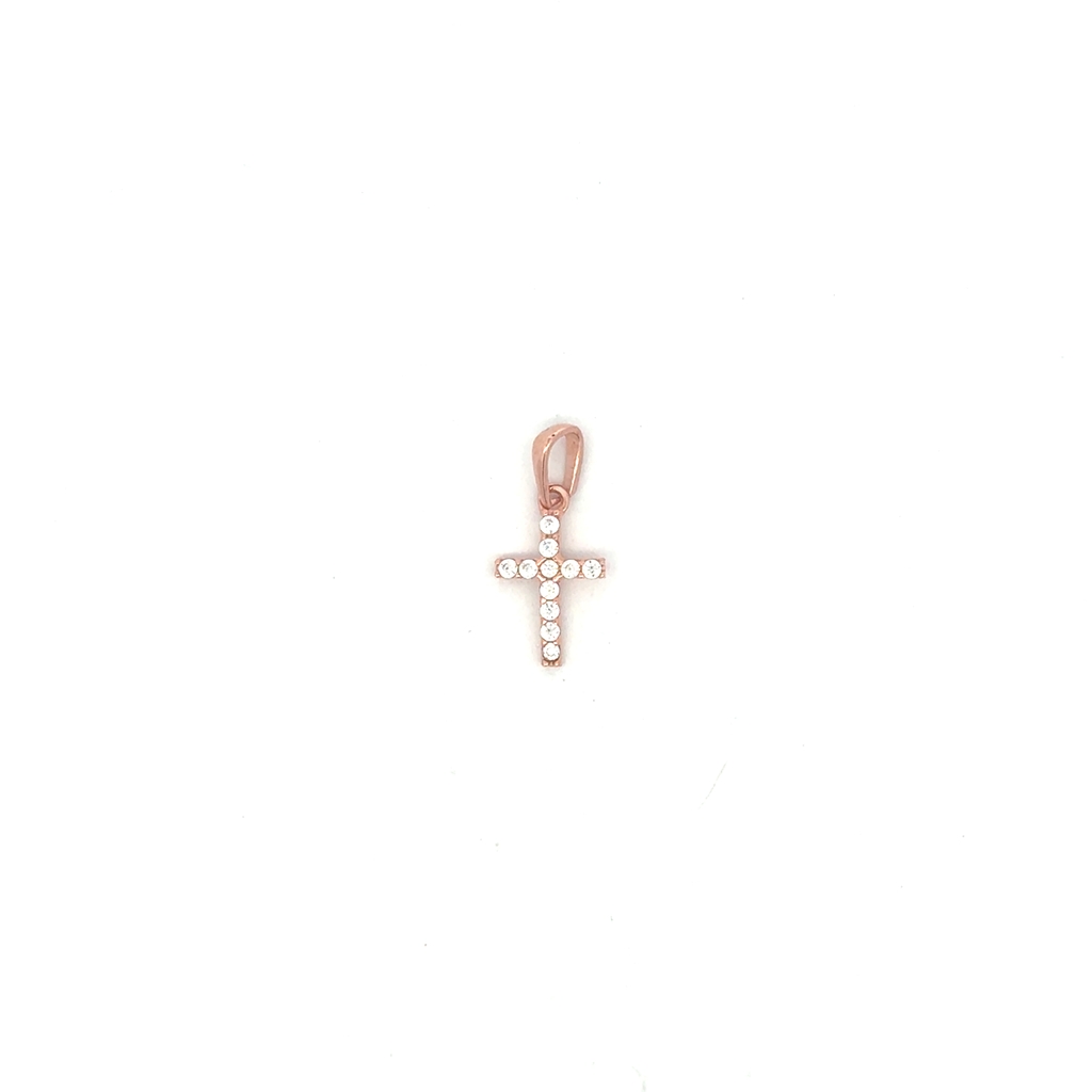 Pendentif croix, or rose 10 carats, zircons incolores