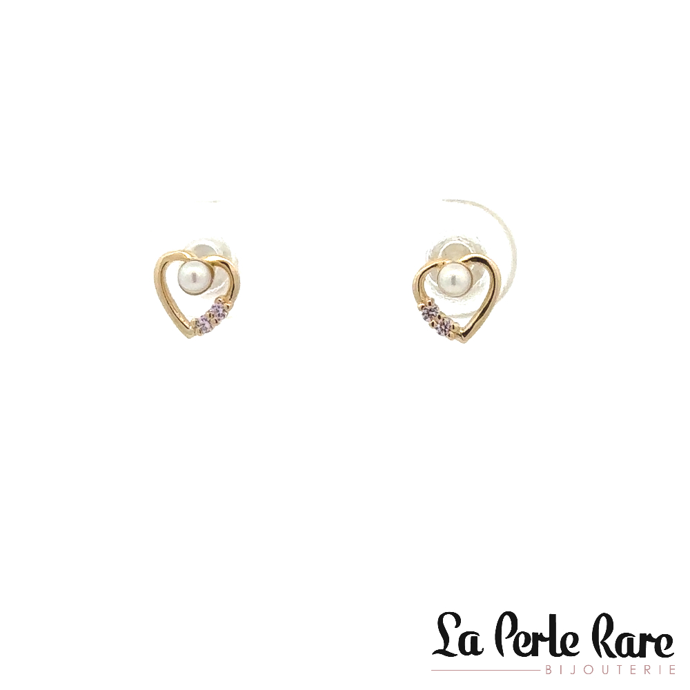 Boucles d'oreilles fixes vissées coeurs, or jaune 10 carats, perles, zircons roses - 13680-ROSE - Exclusivités