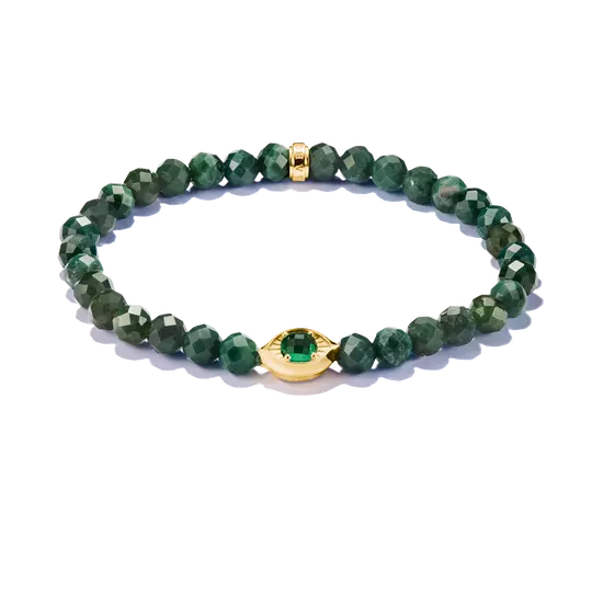 Bracelet extensible mauvais oeil, argent recyclé plaqué or 18 carats, agate mousse, zircon vert