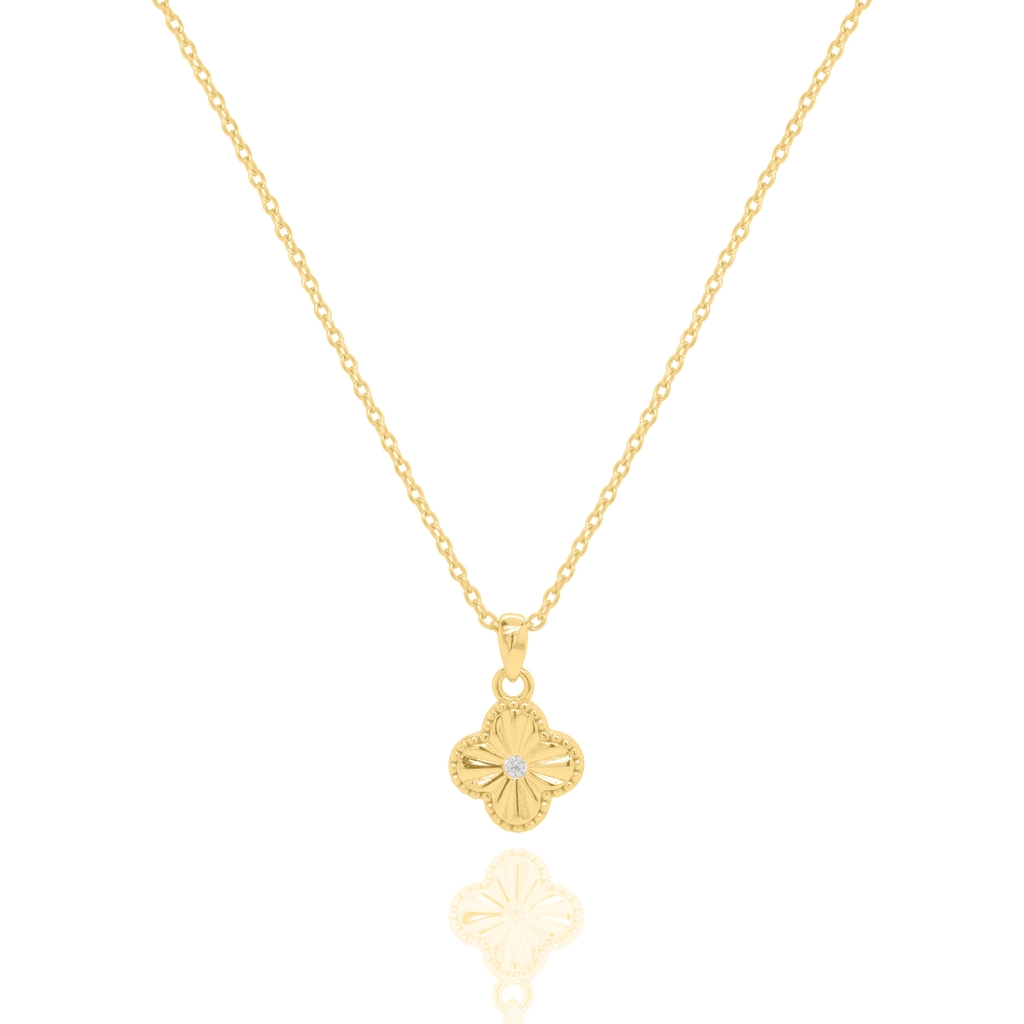 Collier trèfle argent finition en or jaune, zircon incolore