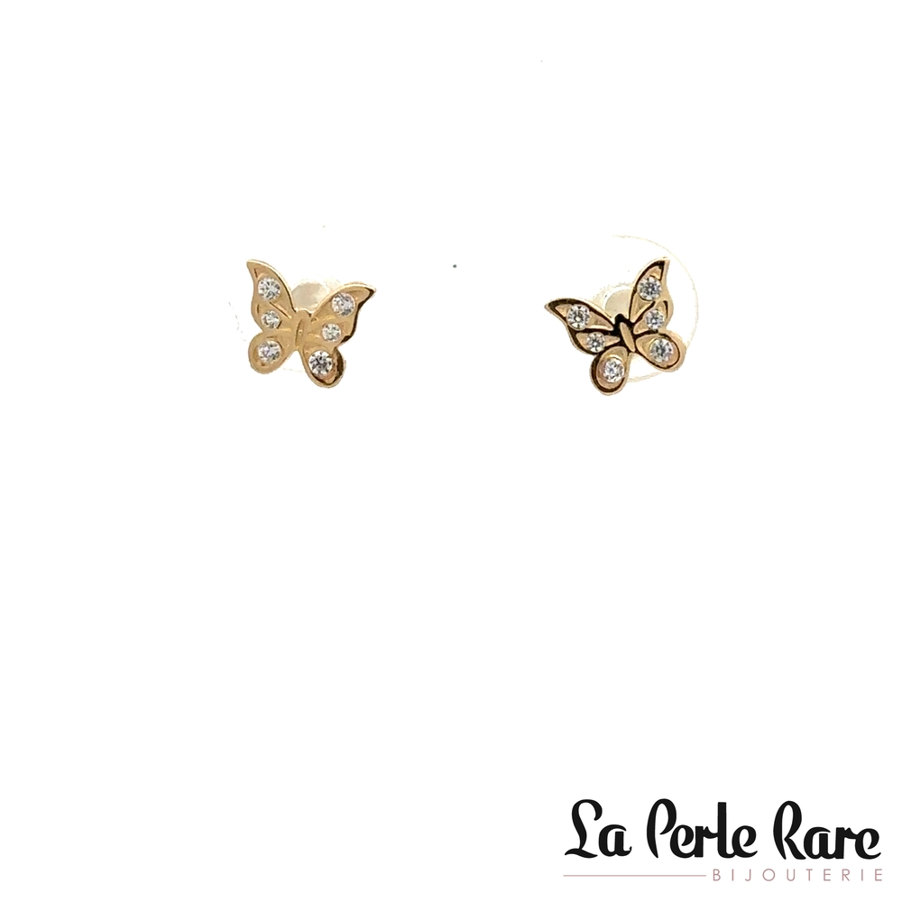 Boucles d'oreilles fixes vissées papillons, or jaune 10 carats, zircons incolores - 1099-BO - ExclusivitÉs