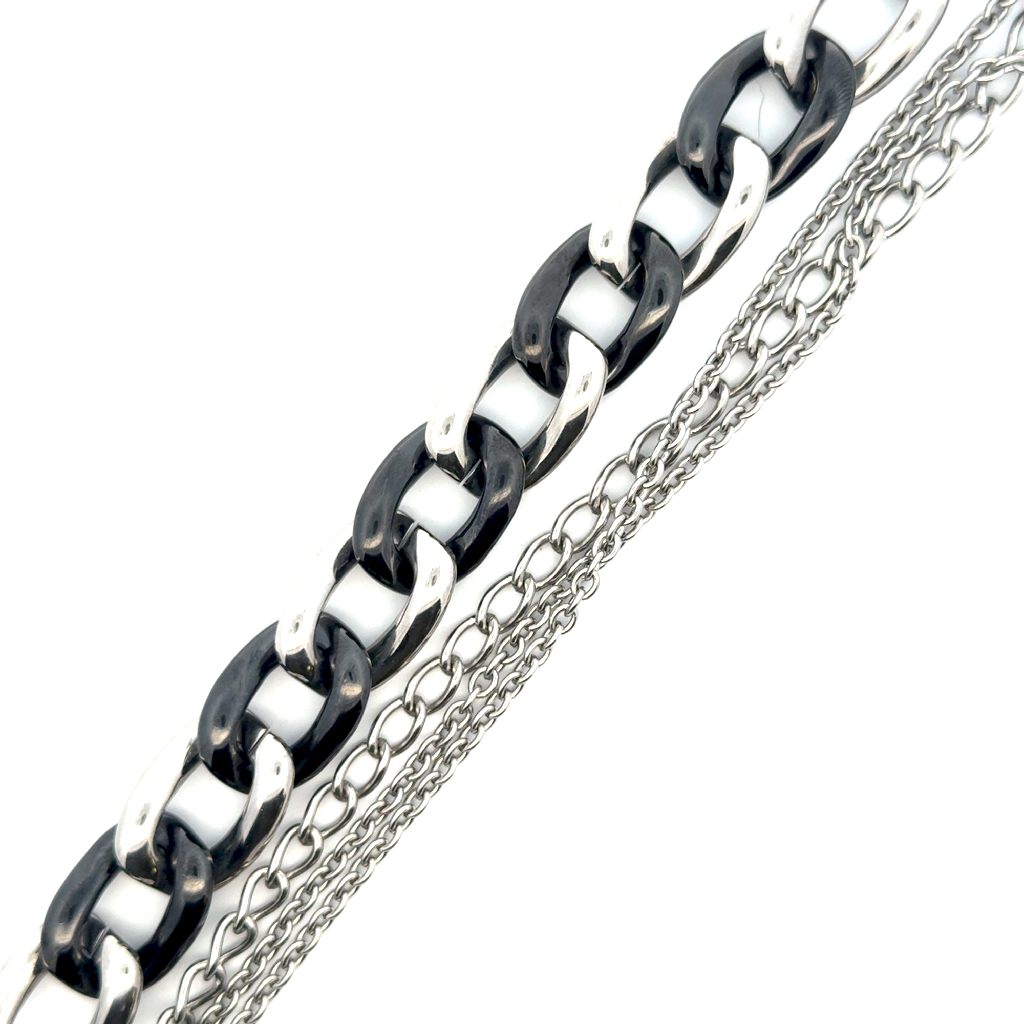 Collier long multi-chaînes, acier inoxydable 2 tons (blanc et noir)