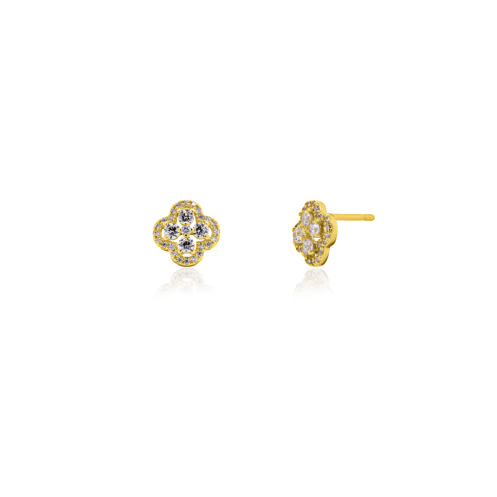 Boucles d'oreilles fixes de style Van Cleef, argent finition or jaune, zircons incolores - ST-1703-G - Exclusivités