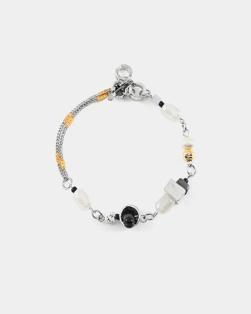 Bracelet étain 2 tons (blanc et jaune), verre coloré