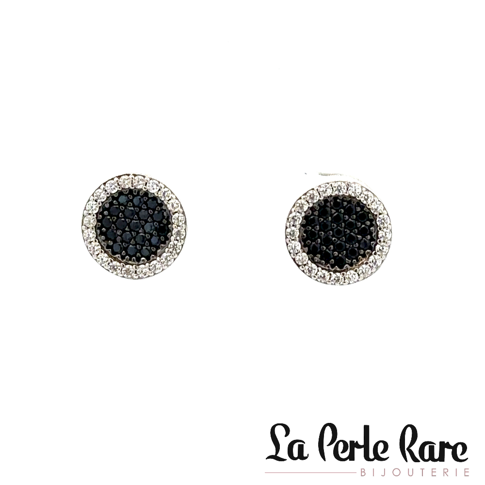 Boucles d'oreilles fixes rondes, or blanc 10 carats, zircons noirs et blancs - MOZ-272-B-BO - Exclusivités