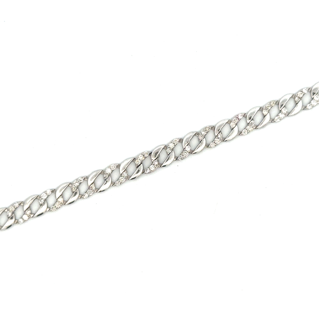 Bracelet gourmette, or blanc 10 carats, 100 points de diamant total