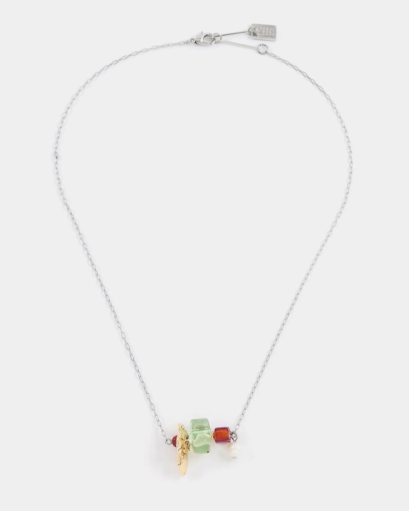 Collier étain 2 tons (blanc/jaune), verre, résine, perle d'eau douce