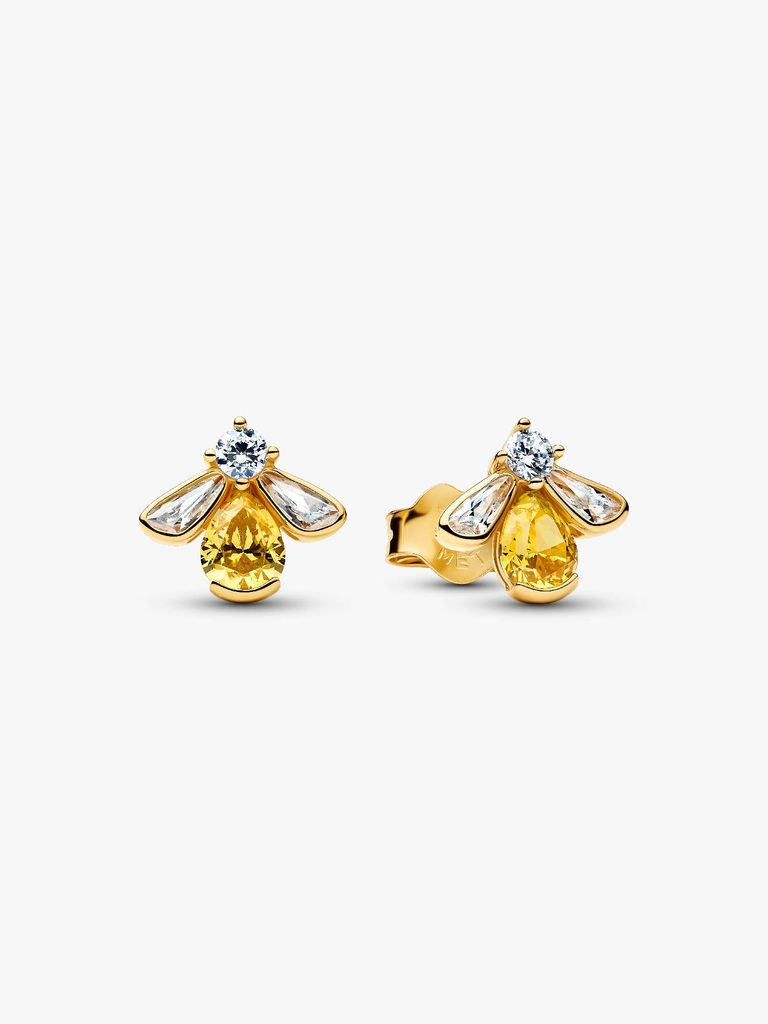 Boucles d'oreilles fixes abeilles à miel, métal unique plaqué d'or 14 carats, zircons incolores et jaunes