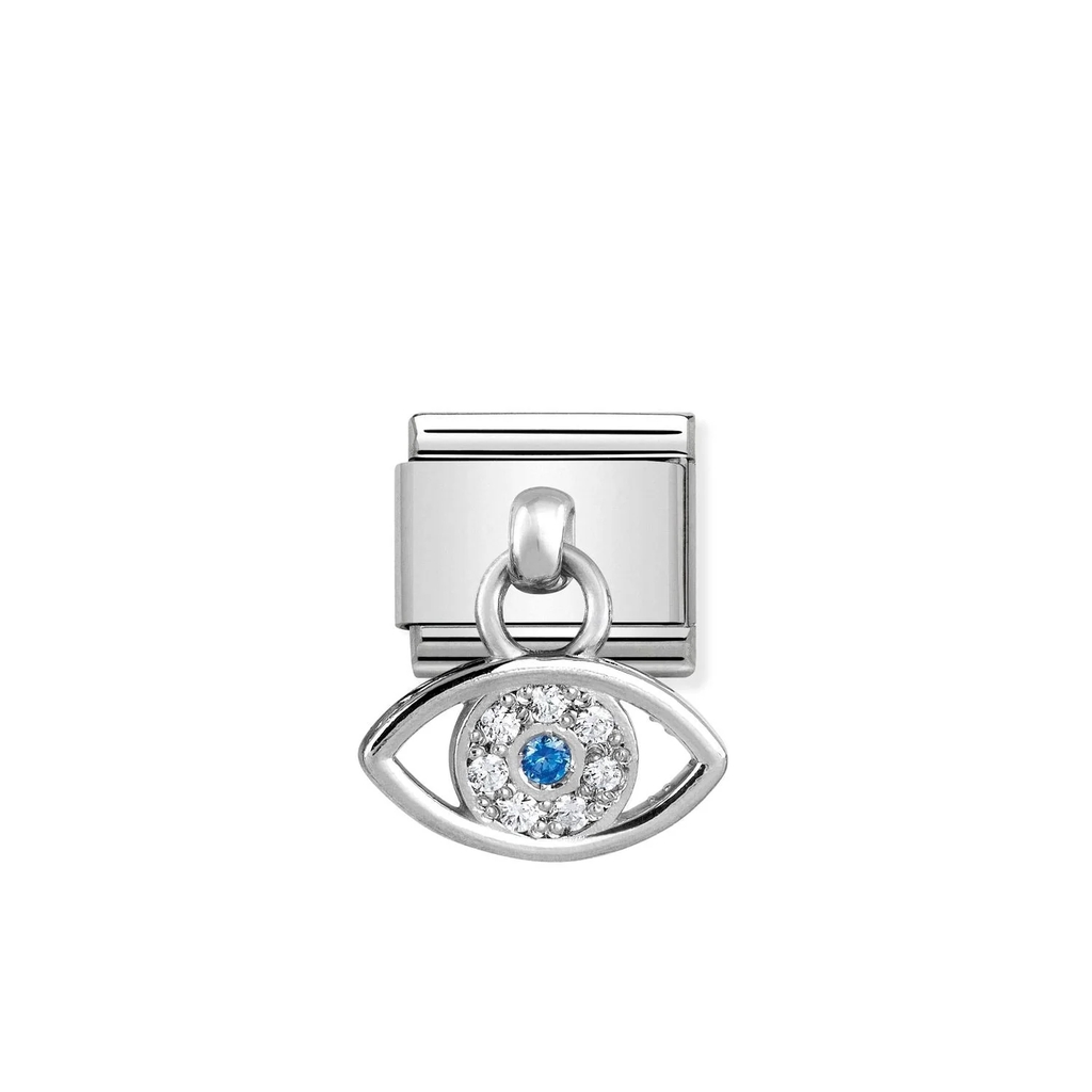 Maille classique oeil grec, acier inoxydable, argent, zircons incolores et bleu