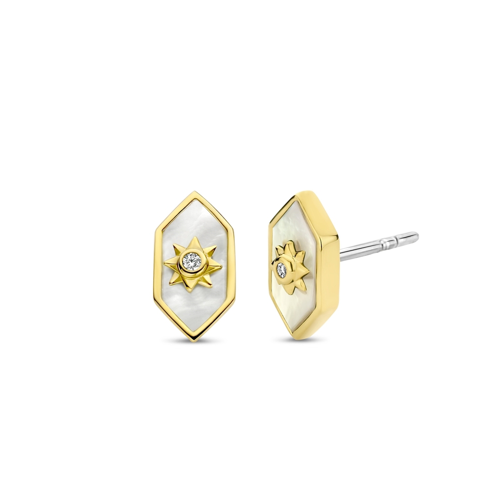 Boucles d'oreilles fixes argent 2 tons (jaune/blanc), nacre de perle, zircons incolores - 7943MW - Ti Sento