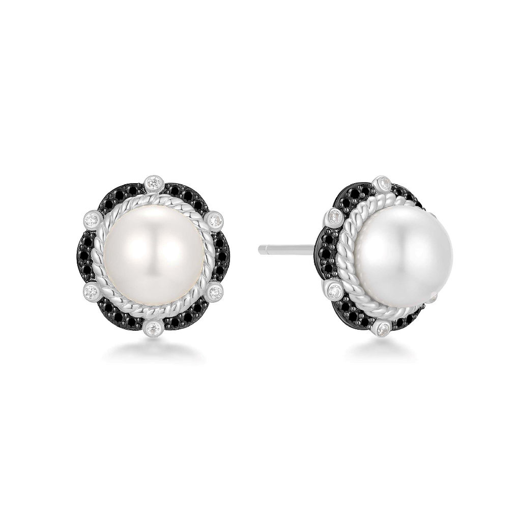 Boucles d'oreilles fixes argent rhodié, perles, zircons blancs et noirs - E069-06T - Ania Haie