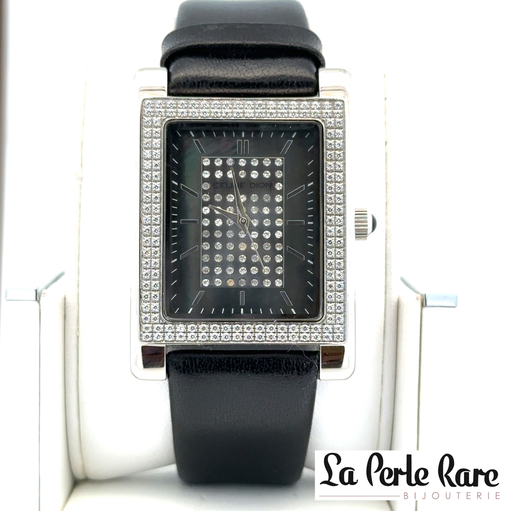 Montre rectangulaire Céline Dion, cuir noir, acier inoxydable, zircons incolores - 107-CDQT-125A - Exclusivités