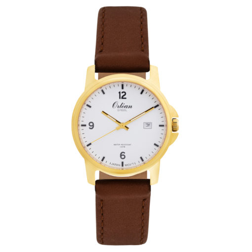 Montre cuir brun, acier inoxydable doré, fond blanc - ME3323-BR - Orlean