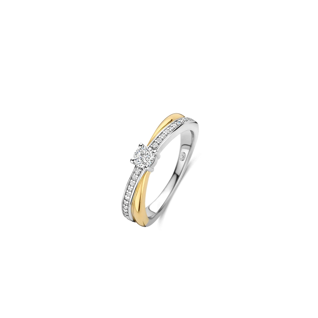 Bague argent 2 tons (blanc et jaune), zircons incolores - 12374ZY-54 - Ti Sento