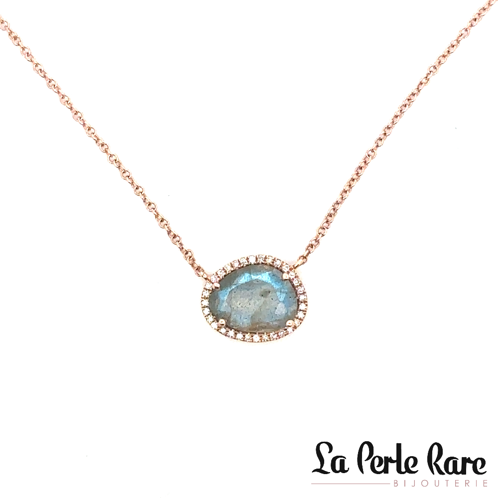 Collier or rose 14 carats, labradorite, 8 points de diamant total - 266392 - Majolie