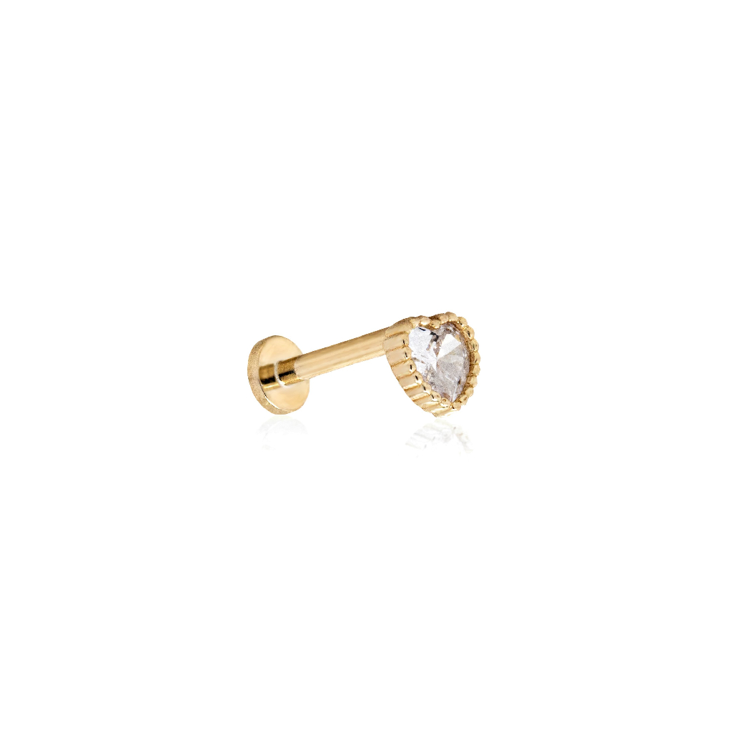 Boucle d'oreille fixe vissée (seule), coeur, or jaune 14 carats, zircon incolore - GE-14-1033 - Exclusivités
