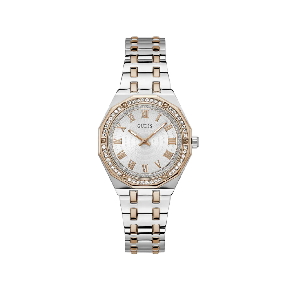 Montre acier inoxydable 2 tons (blanc/rose), zircons incolores, fond blanc - GW0770L5 - Guess