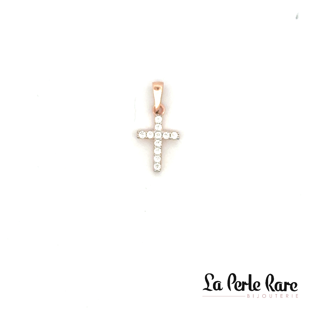 Pendentif croix, or rose 10 carats, zircons incolores - PAZ-1128-R - Exclusivités