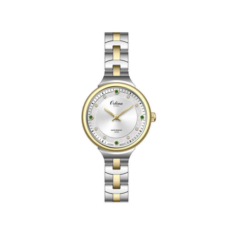 Montre femme acier 2 tons jaune, carte de chiffre blanc Montre femme acier 2 tons jaune, carte de chiffre blanc