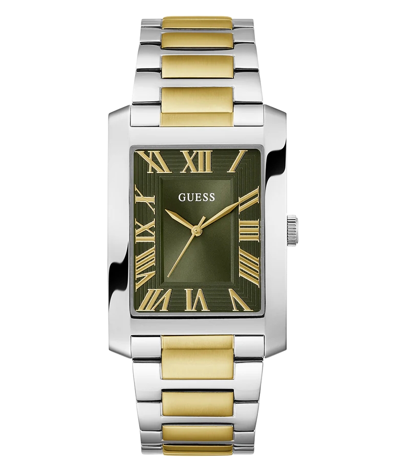 Montre rectangulaire, acier inoxydable 2 tons (blanc et jaune), fond vert - GW0896G3 - Guess