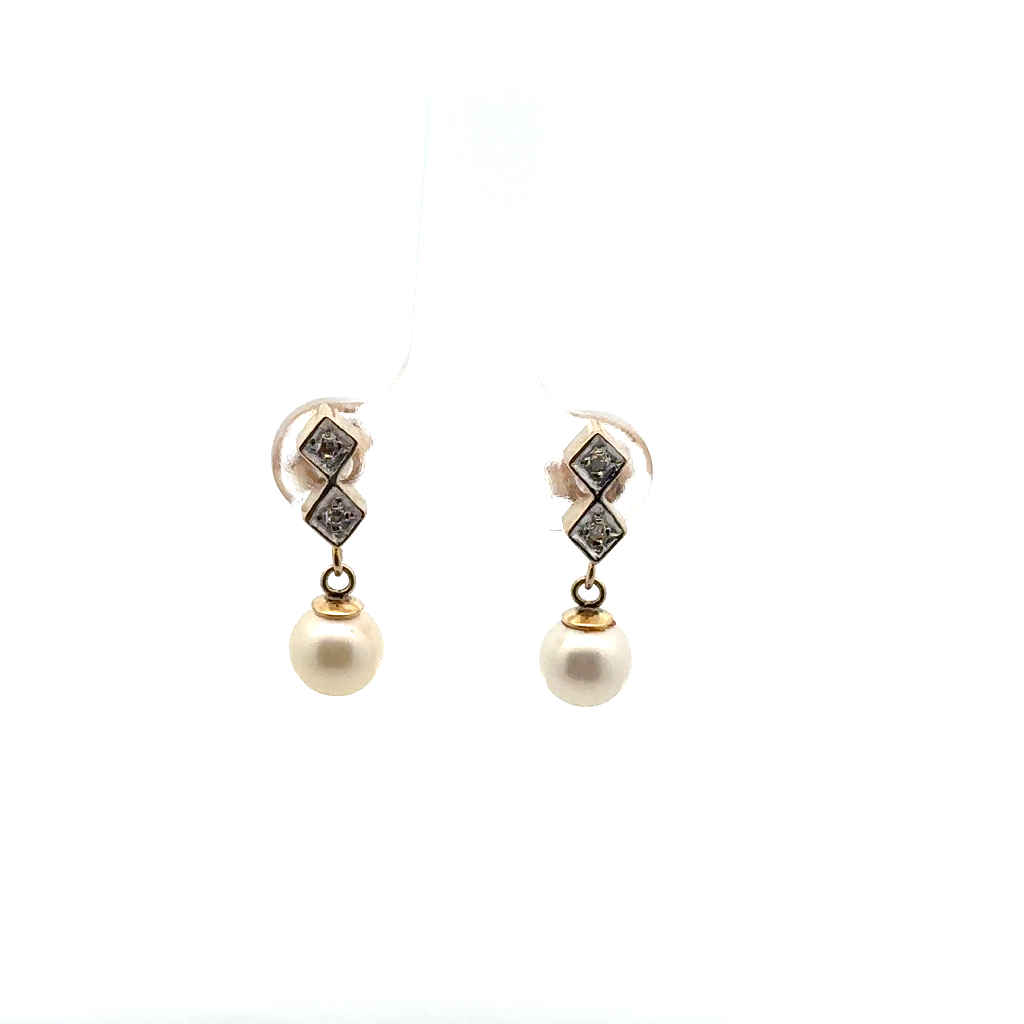 Boucles d'oreilles fixes or 2 tons (jaune et blanc) 10 carats, perles, 5 points de diamant total - LPR-2961 - Exclusivités