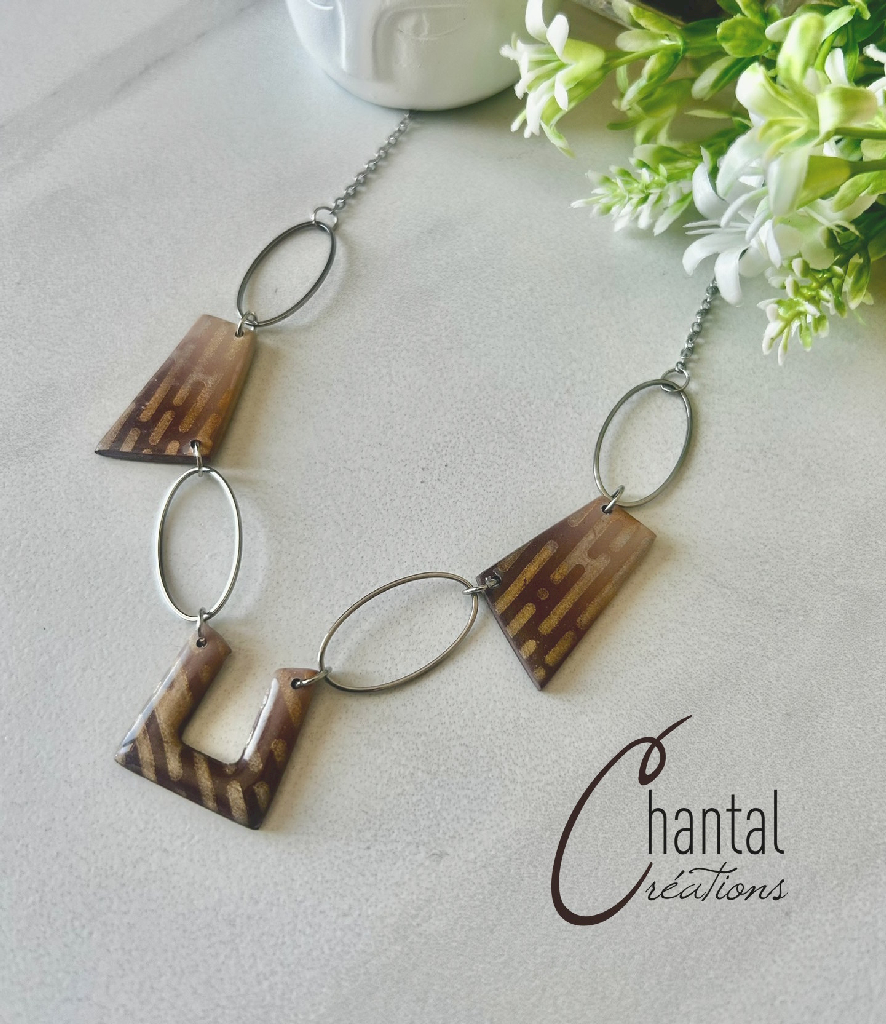 Collier Nicole marron, acier inoxydable, argile polymère