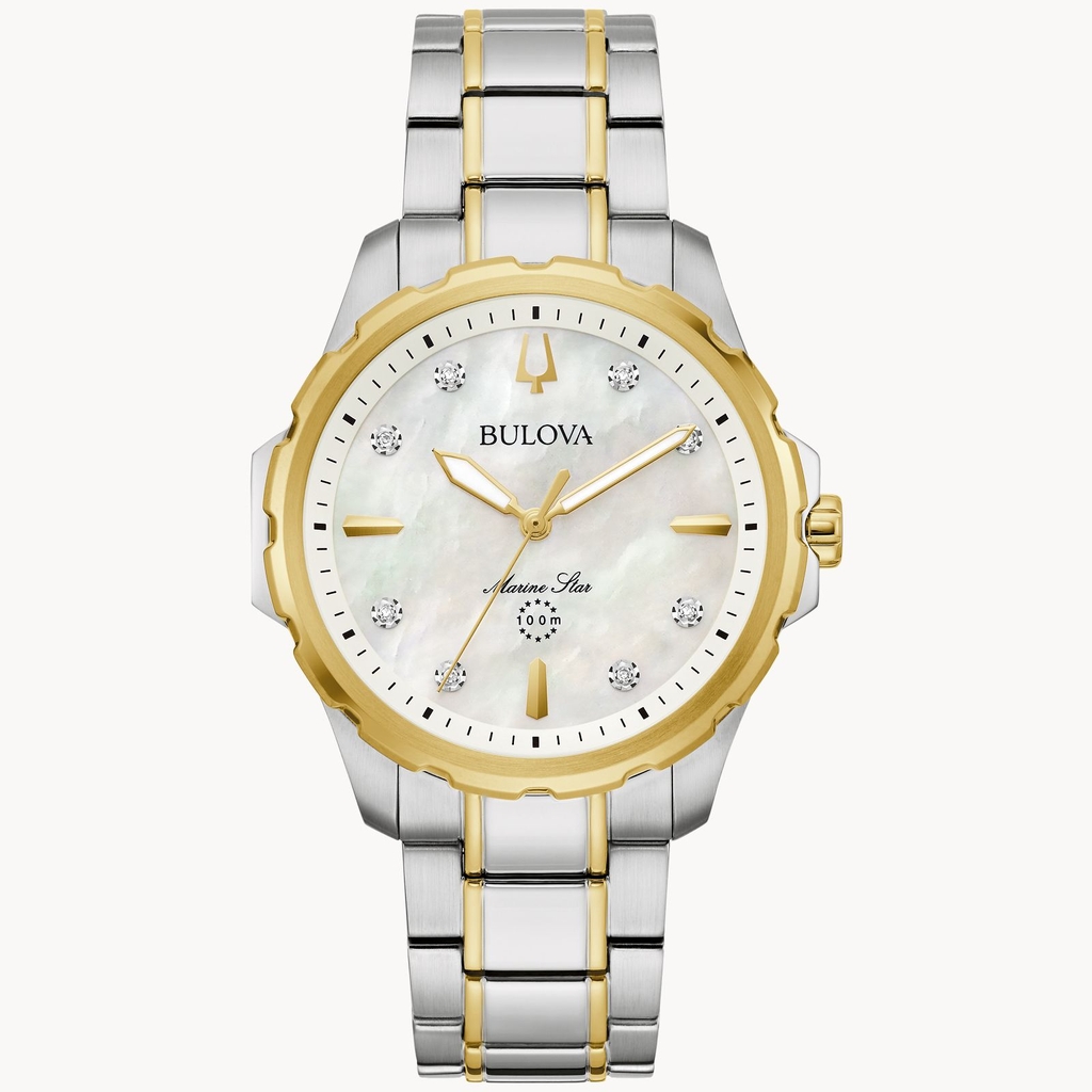 Montre Marine Star, acier inoxydable 2 tons (blanc et jaune), diamants, fond nacré - 98P227 - Bulova