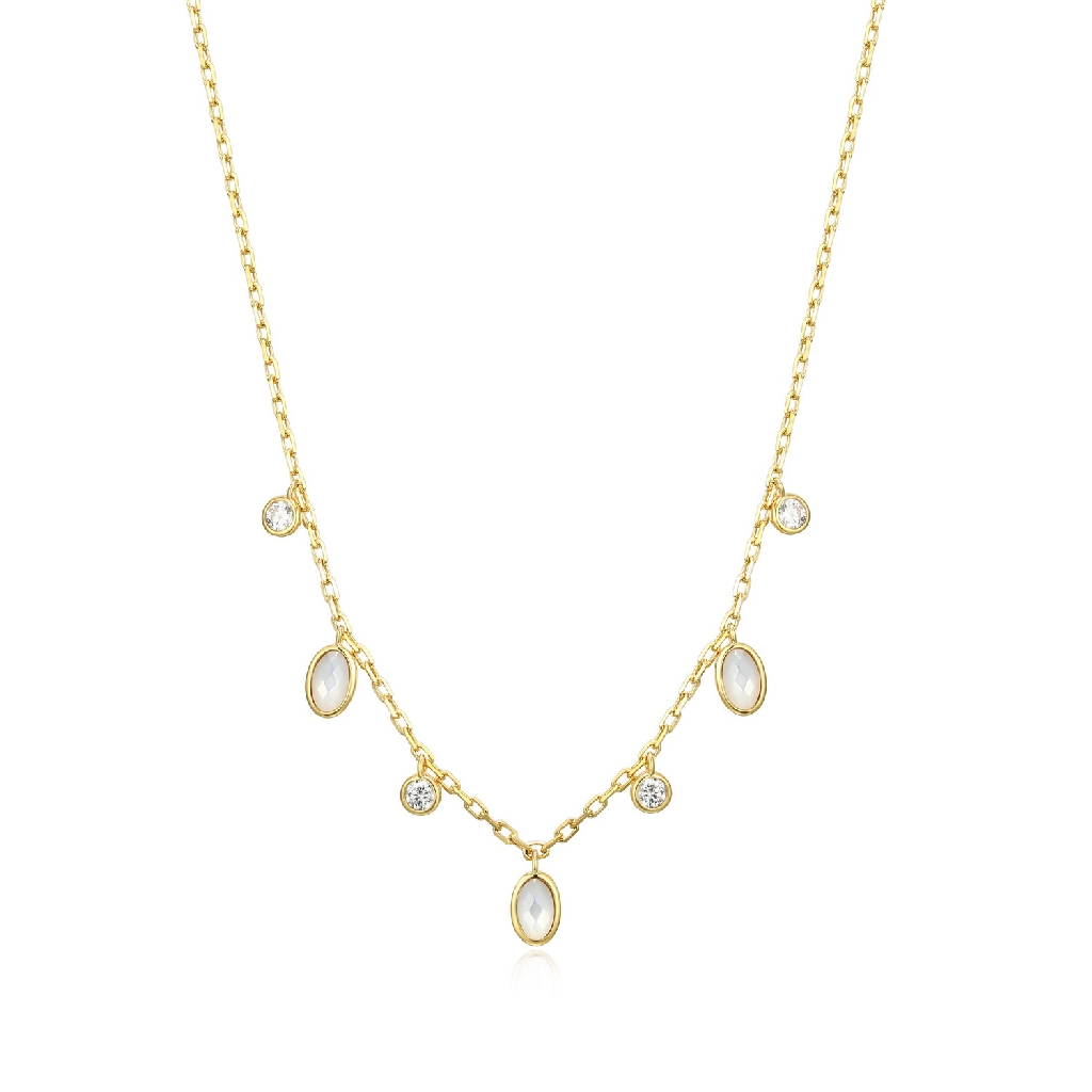 Collier argent finition or jaune 18 carats, nacre de perle, zircons incolores