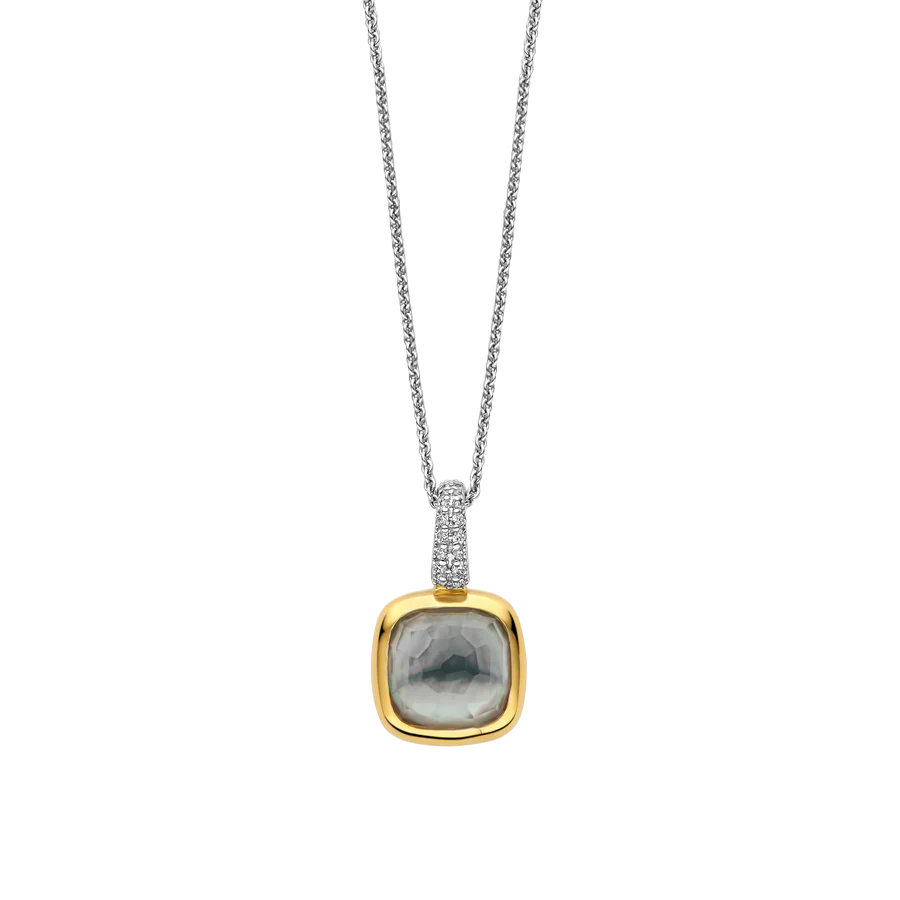 Pendentif carré, argent 2 tons (blanc/jaune), cristal gris, zircons incolores - 6829BL - Ti Sento