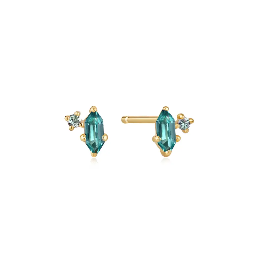 Boucles d'oreilles fixes en argent doré avec zircons sarcelles - E041-02G-G - Ania Haie