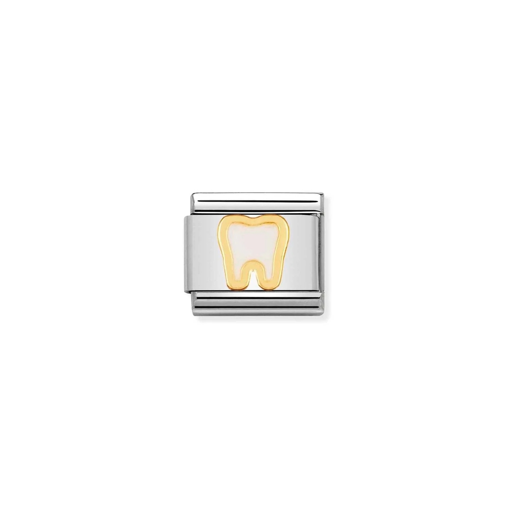 Maille classique dent, acier inoxydable, finition or jaune 18 carats, émail blanc