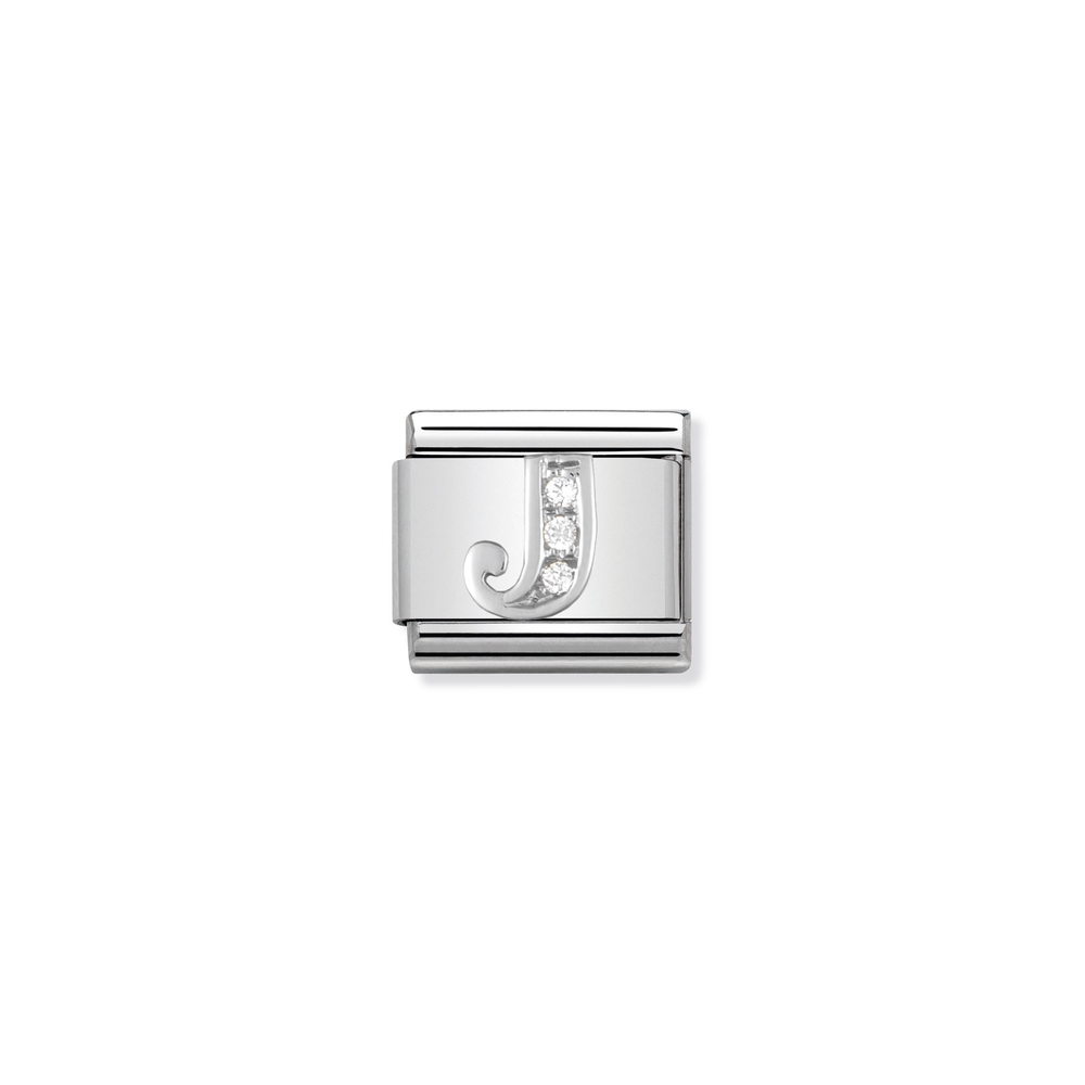 Maille classique lettre J, acier inoxydable, argent, zircons incolores - 33030110 - NOMINATION