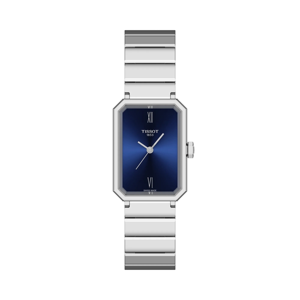 Montre SRV rectangulaire, acier inoxydable, fond bleu
