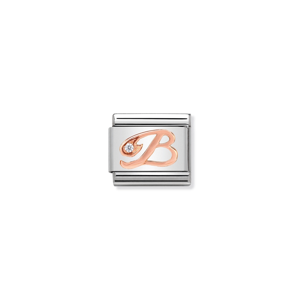 Maille classique lettre B, acier inoxydable, or rose 9k, zircon incolore - 43031002 - NOMINATION