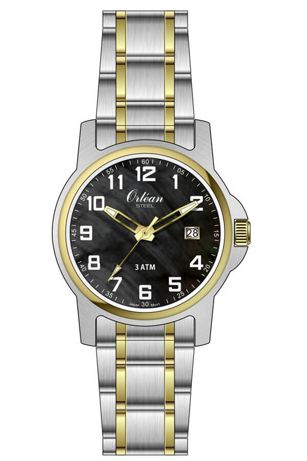 Montre acier inoxydable 2 tons (blanc/jaune), fond noir - ME3483 - Orlean