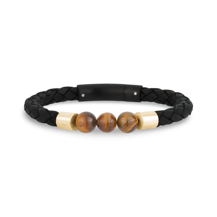 Bracelet cuir noir tressé, acier inoxydable 2 tons (noir/jaune), oeil-de-tigre - AS-B432-7.5 - Arz Steel