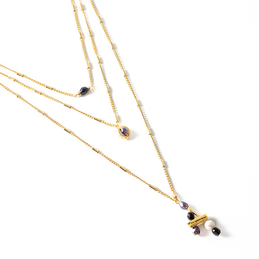 Collier triple étain doré, verre, perle