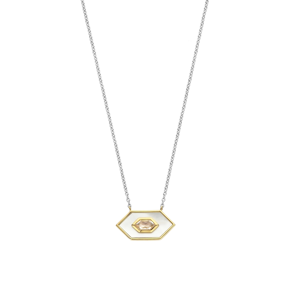 Collier argent 2 tons (blanc/jaune), zircon rose, nacre de perle - 34039MW-42 - Ti Sento