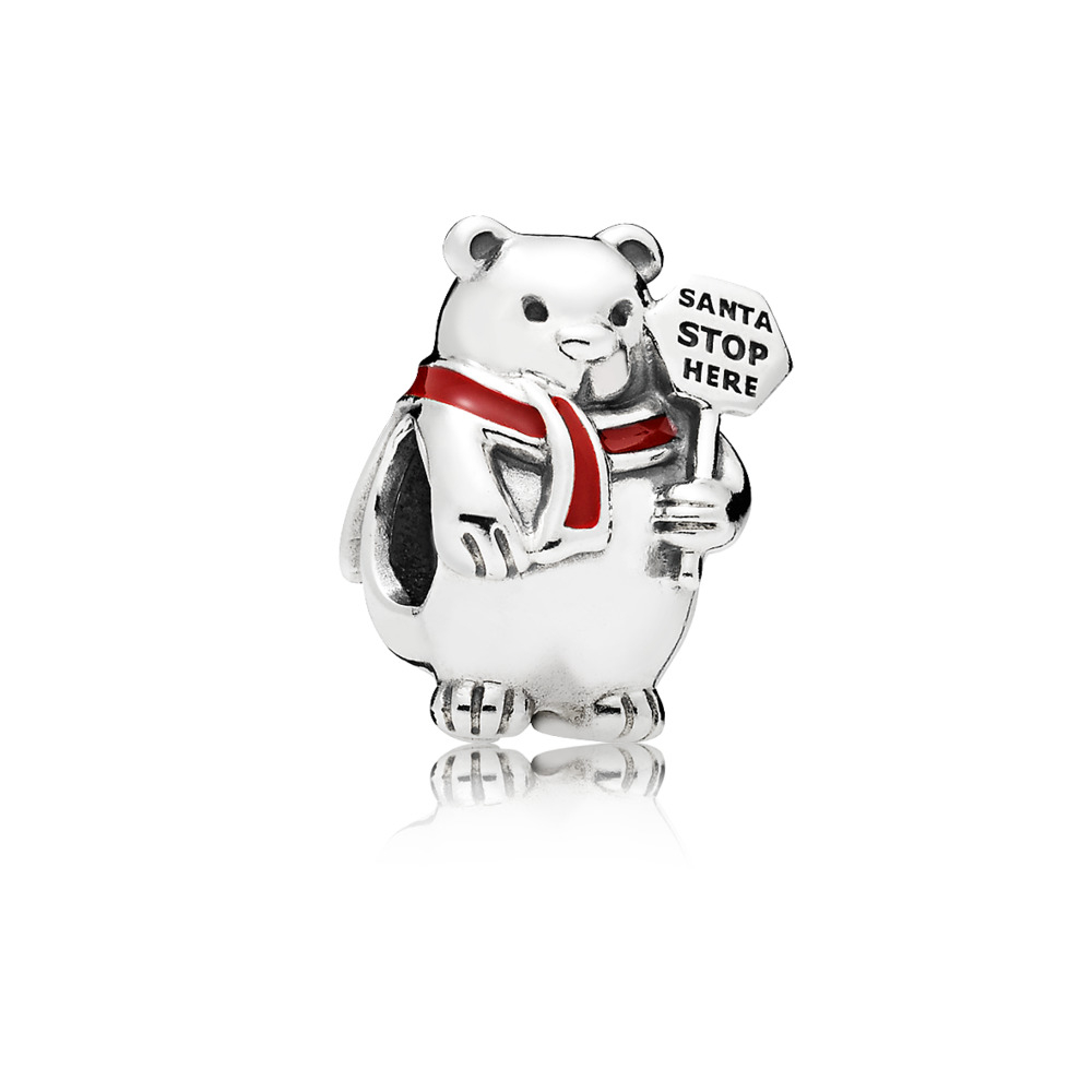 Bille ours polaire de Noël, argent, émail rouge