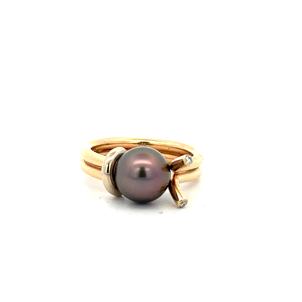 Bague or jaune 14 carats, perle de Tahiti, 5 points de diamant total - BA609 - Exclusivités