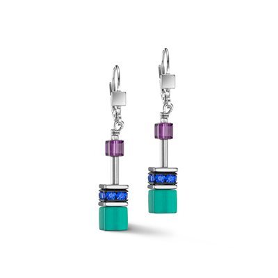 Bo pendantes acier, cristaux turquoises/mauves/bleus